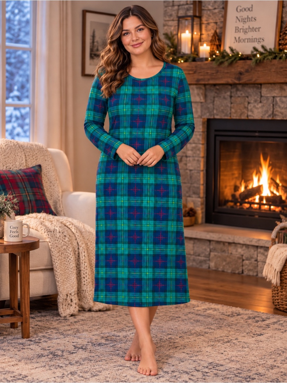 LandsEnd Women's Plus Size 100% Cotton Long Sleeve Midcalf Nightgown